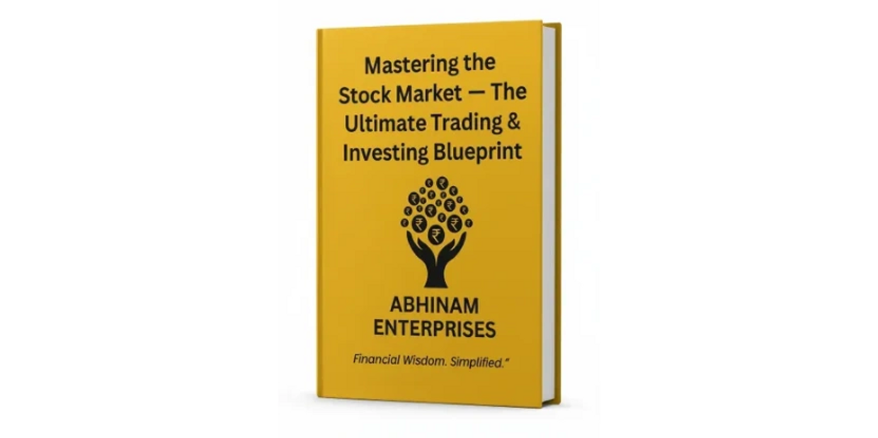 Yellow book titled 'Mastering the Stock Market – The Ultimate Trading & Investing Blueprint' by Abhinam Enterprises.