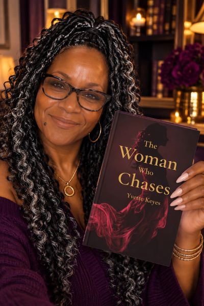 Woman holding a book titled 'The Woman Who Chases' by Yvette Keyes.