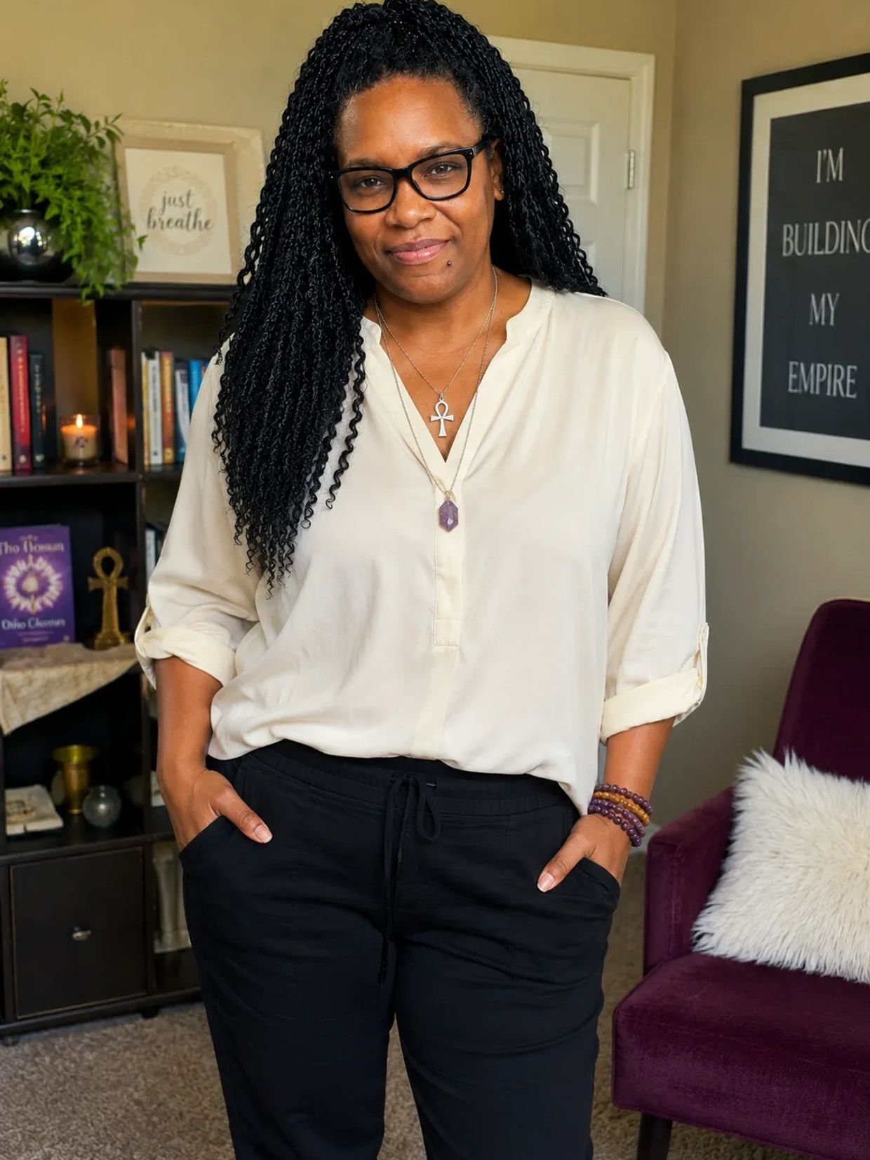 Woman with braided hair and glasses stands confidently in cozy room.