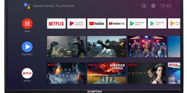 Smart TV interface showing streaming apps and movie thumbnails.