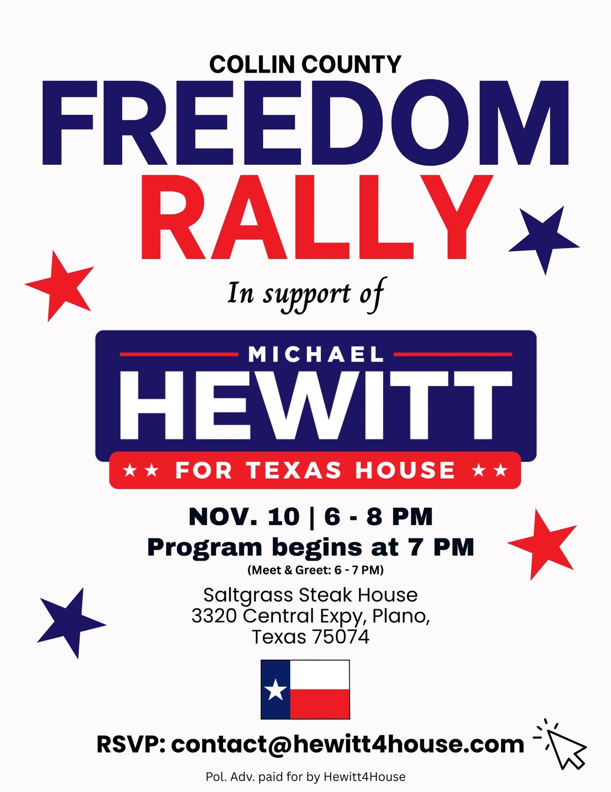 Collin County Freedom Rally in support of Hewitt4House November 10 6PM Saltgrass Plano, Texas