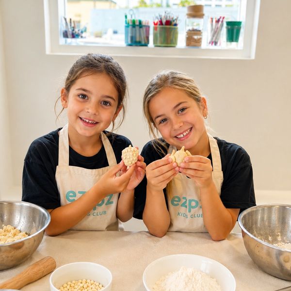 Two girls in aprons smiling and holding dough shapes.