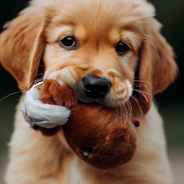 golden retriever puppy with a toy its mouth