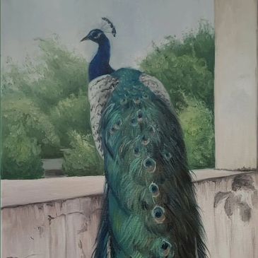 A peacock perched on a ledge with lush greenery in the background.