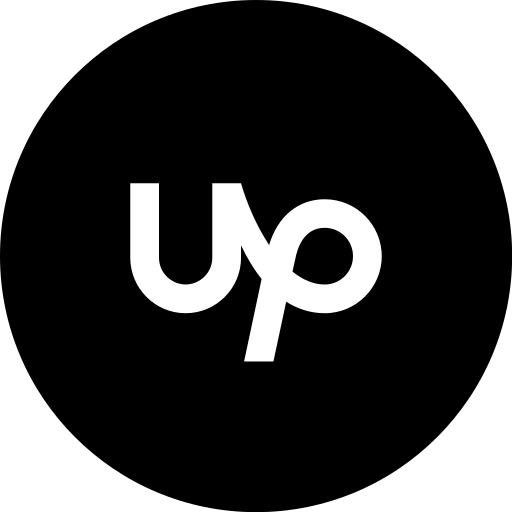 Minimalist black and white logo with intertwined letters 'u' and 'p'.