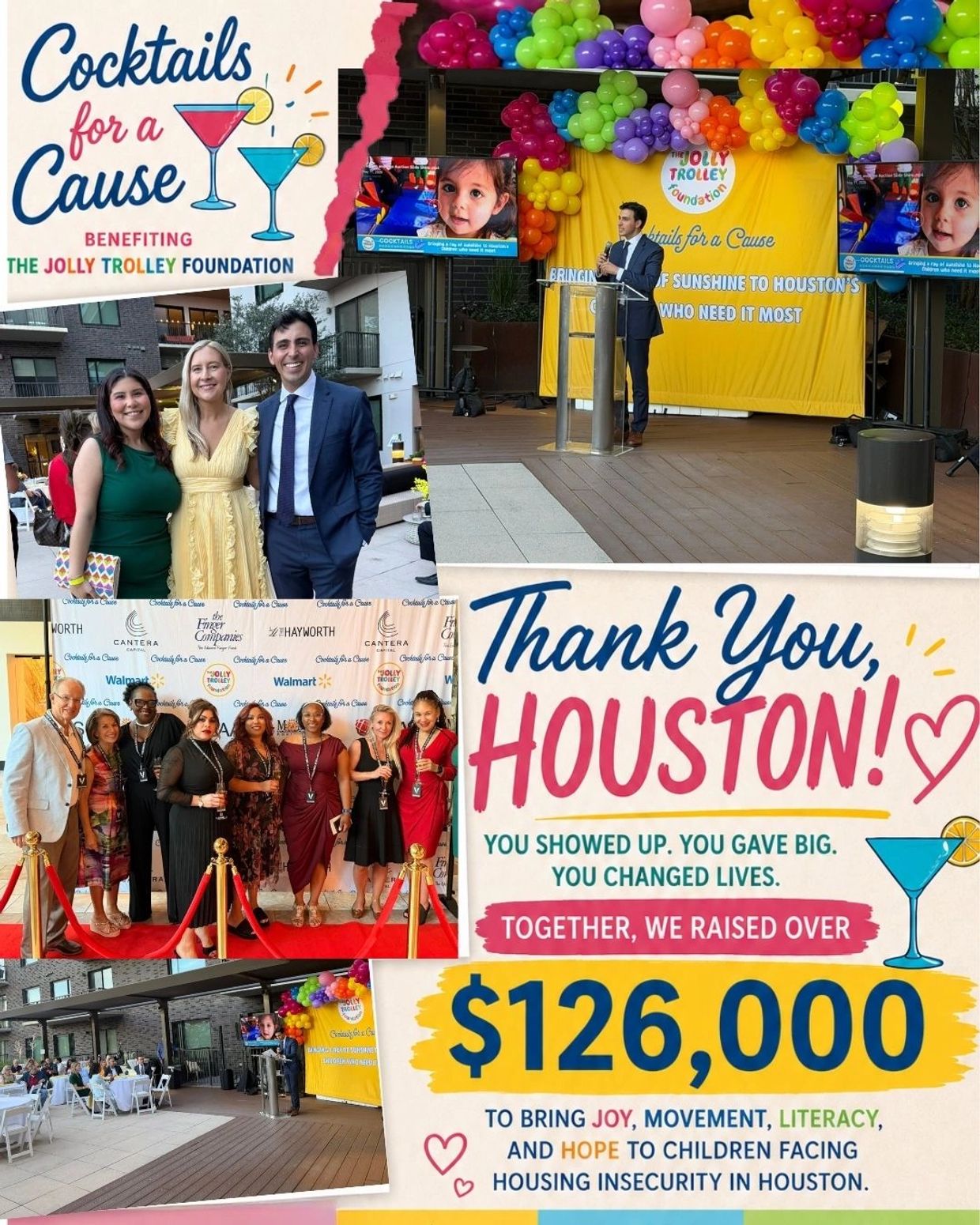 Collage showcasing the Cocktails for a Cause event benefiting The Jolly Trolley Foundation in Houston.