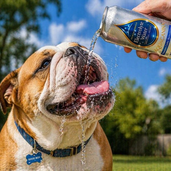 A happy bulldog drinking water from a can on a sunny day.
