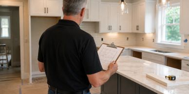 Man inspects kitchen with clipboard.