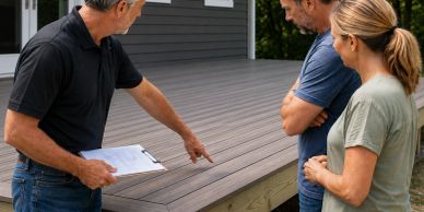 Contractor showing wood deck issues to couple.