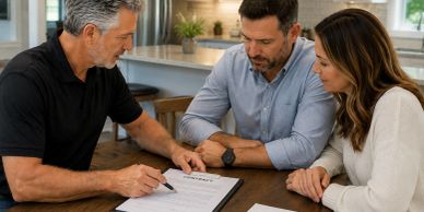 Couple discussing contract with a professional.