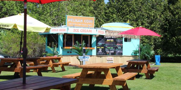 Outdoor seating at Island Fever's Tiki Bar and Ice Cream Shack
