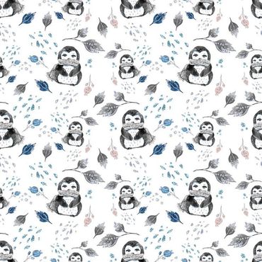 Pattern of cute penguin parents with babies and scattered leaves on white background.