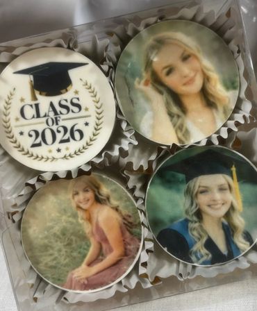 Graduation-themed cookies with photos and 'Class of 2026' design.