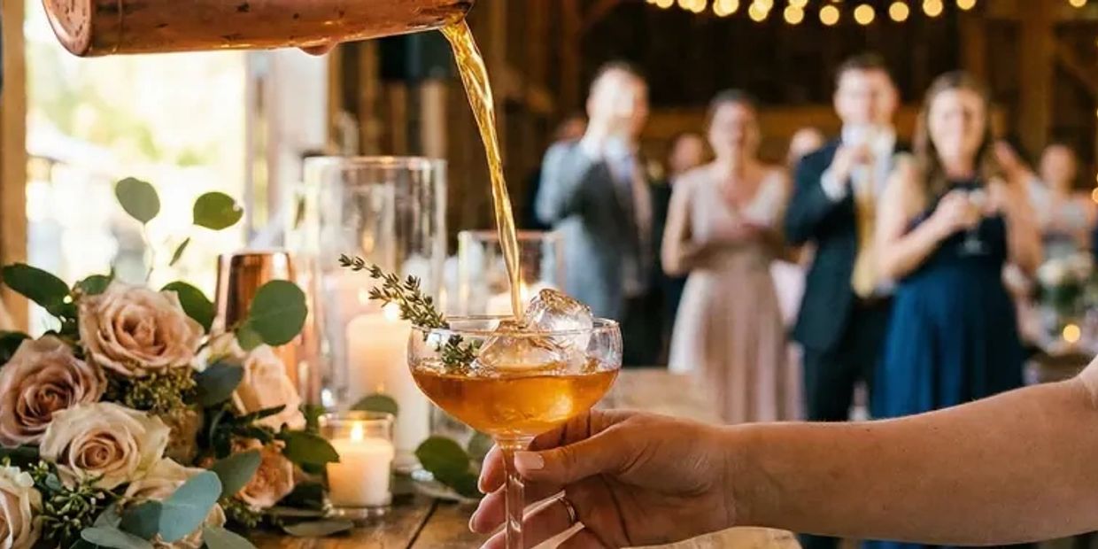 Pouring a cocktail at a celebration with blurred guests in the background.