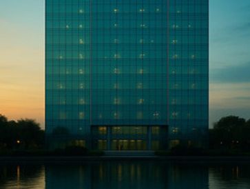 Modern glass building at sunset with reflections in water.