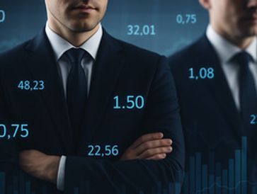 Two businessmen in suits with financial data overlay.