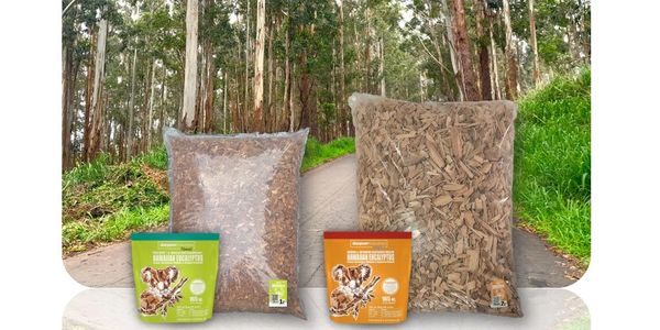 Two bags and two containers of eucalyptus wood chips displayed outdoors.