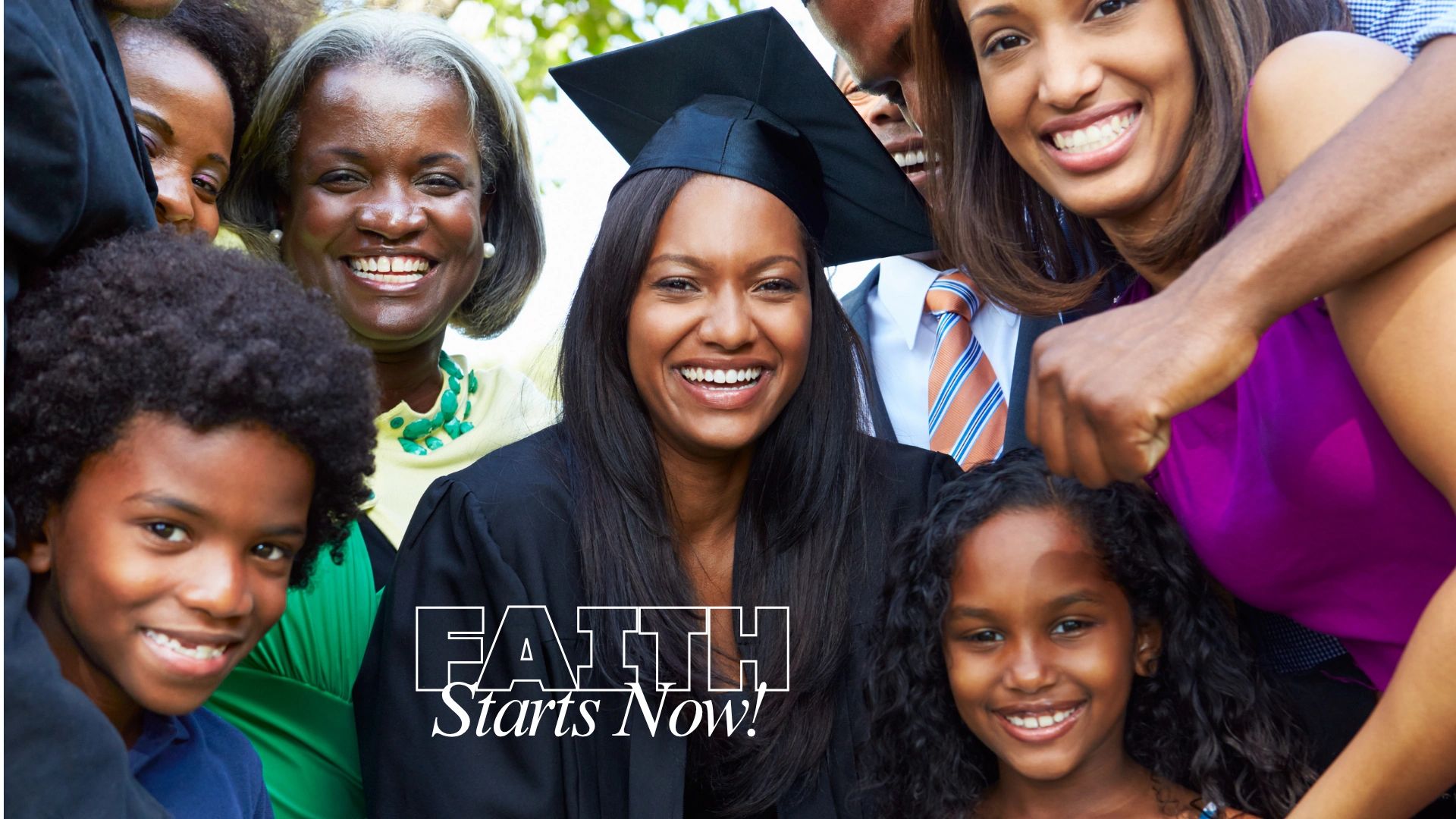 Multi-generational family celebrating their daughter's graduation.