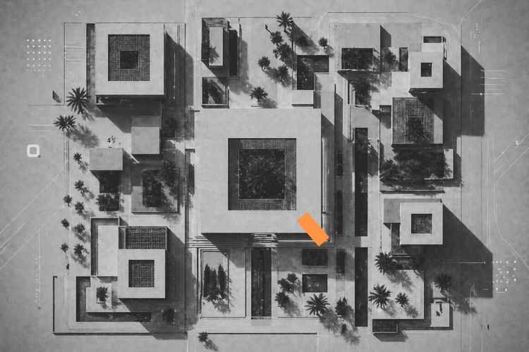 Top-down view of a modern architectural complex with geometric buildings and palm trees.