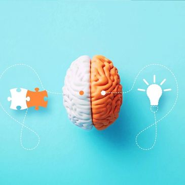 Half brain with puzzle and light bulb representing problem-solving and ideas.