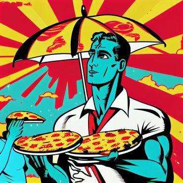 Pop art style man holding pizzas under a pizza-patterned umbrella.