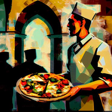 Chef presenting a freshly baked pizza in an artistic setting.