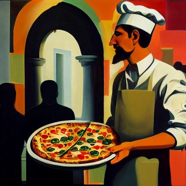 Chef presenting a freshly baked pizza in an artistic setting.