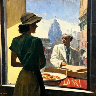 Woman with hat looks outside at man holding pizza boxes in a sunlit street scene.