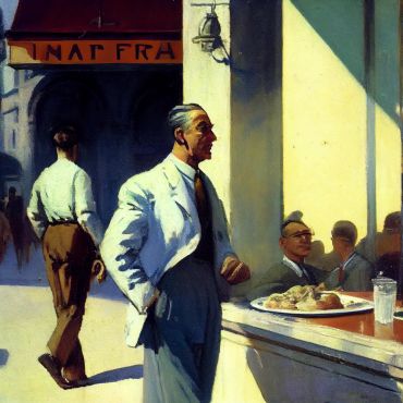 Man in white jacket stands outside a cafe in sunlight.