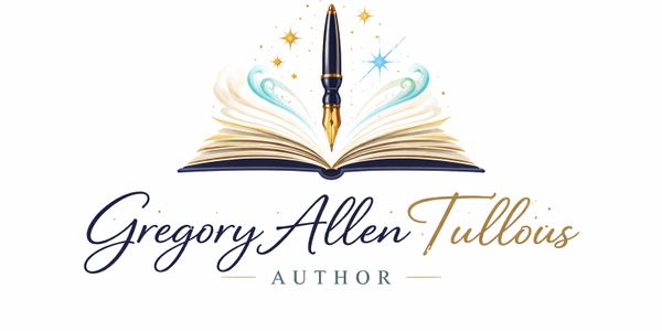 Logo featuring an open book, a pen, and the name Gregory Allen Tullous, author.