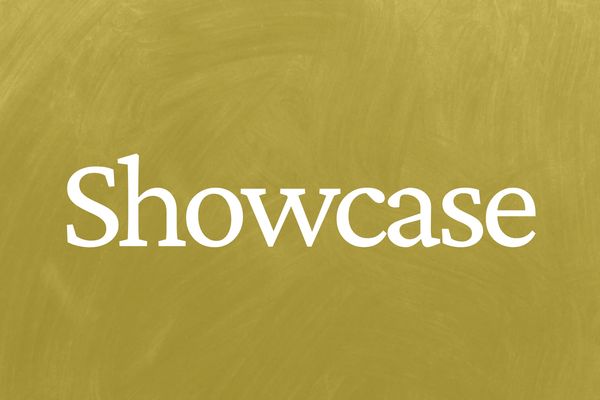 The word 'Showcase' in white serif font on a textured golden background.