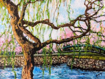 Painting of a tree by a river with a stone bridge and blooming flowers.