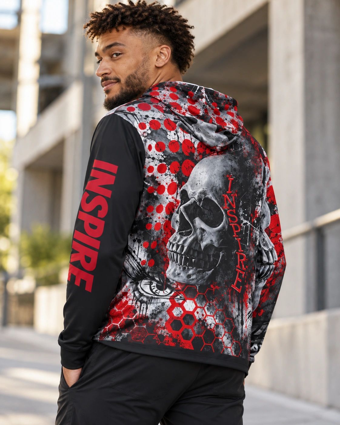 Black and red graphic hoodie featuring original skull artwork, honeycomb details, floral elements, a