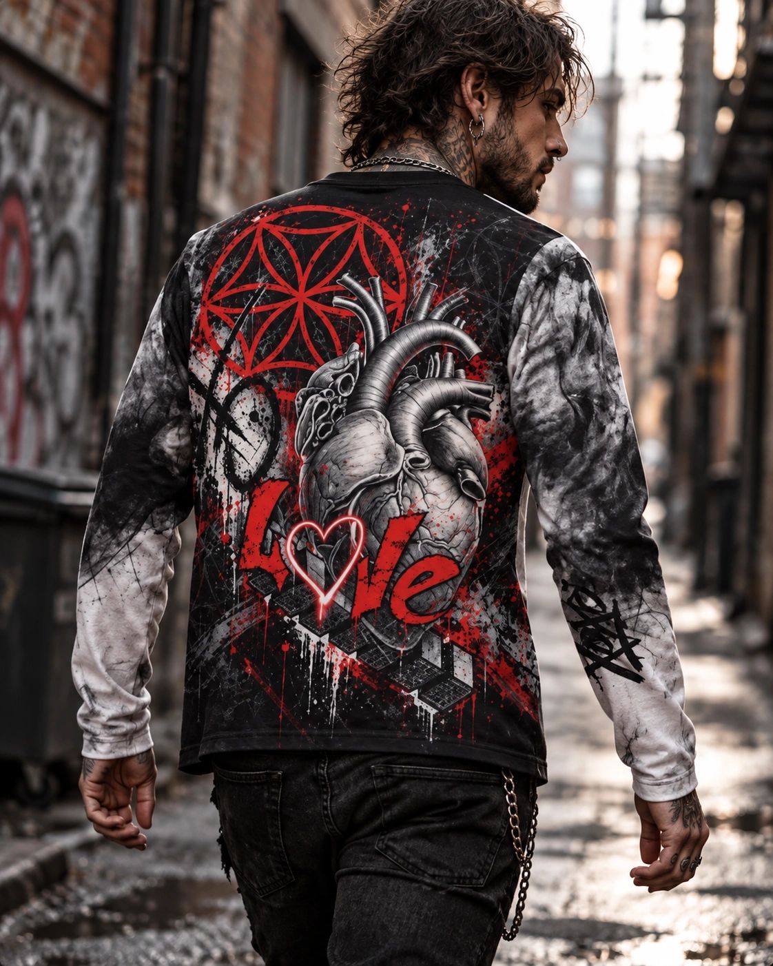 Trash polka style design of anatomical heart and graffiti style Love. 