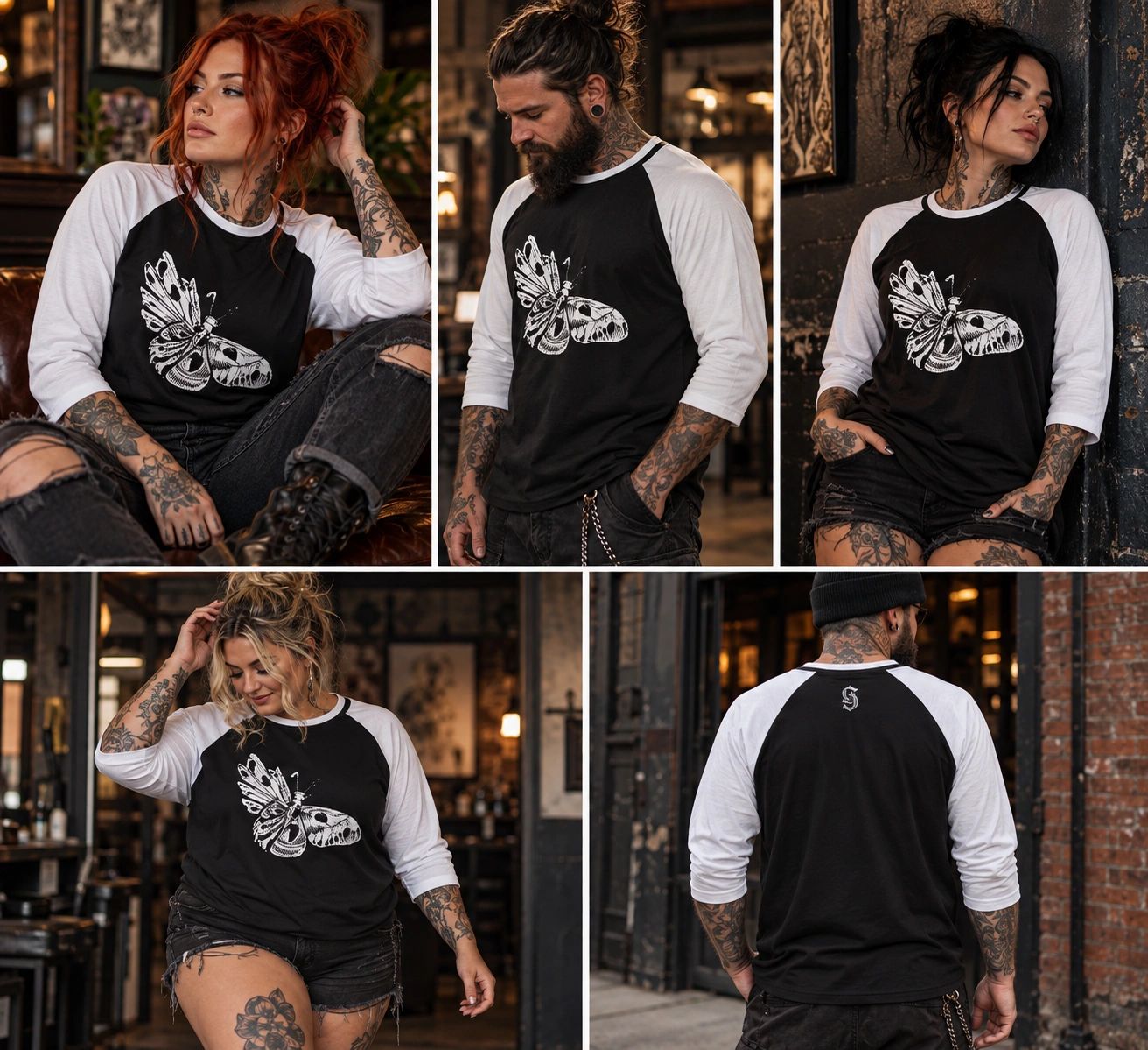 A collage of multiple people modeling a black and white raglan shirt with hollowing design. 