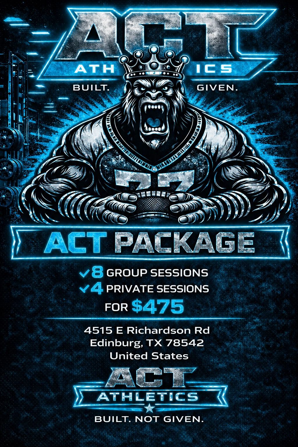 Fierce gorilla with a crown promoting ACT Athletics' training package.