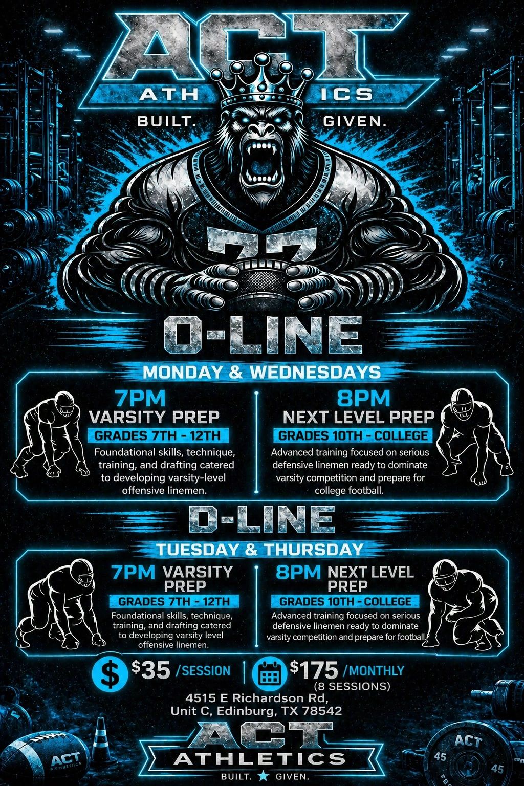 Intense football training schedule for varsity and next-level prep at ACT Athletics.