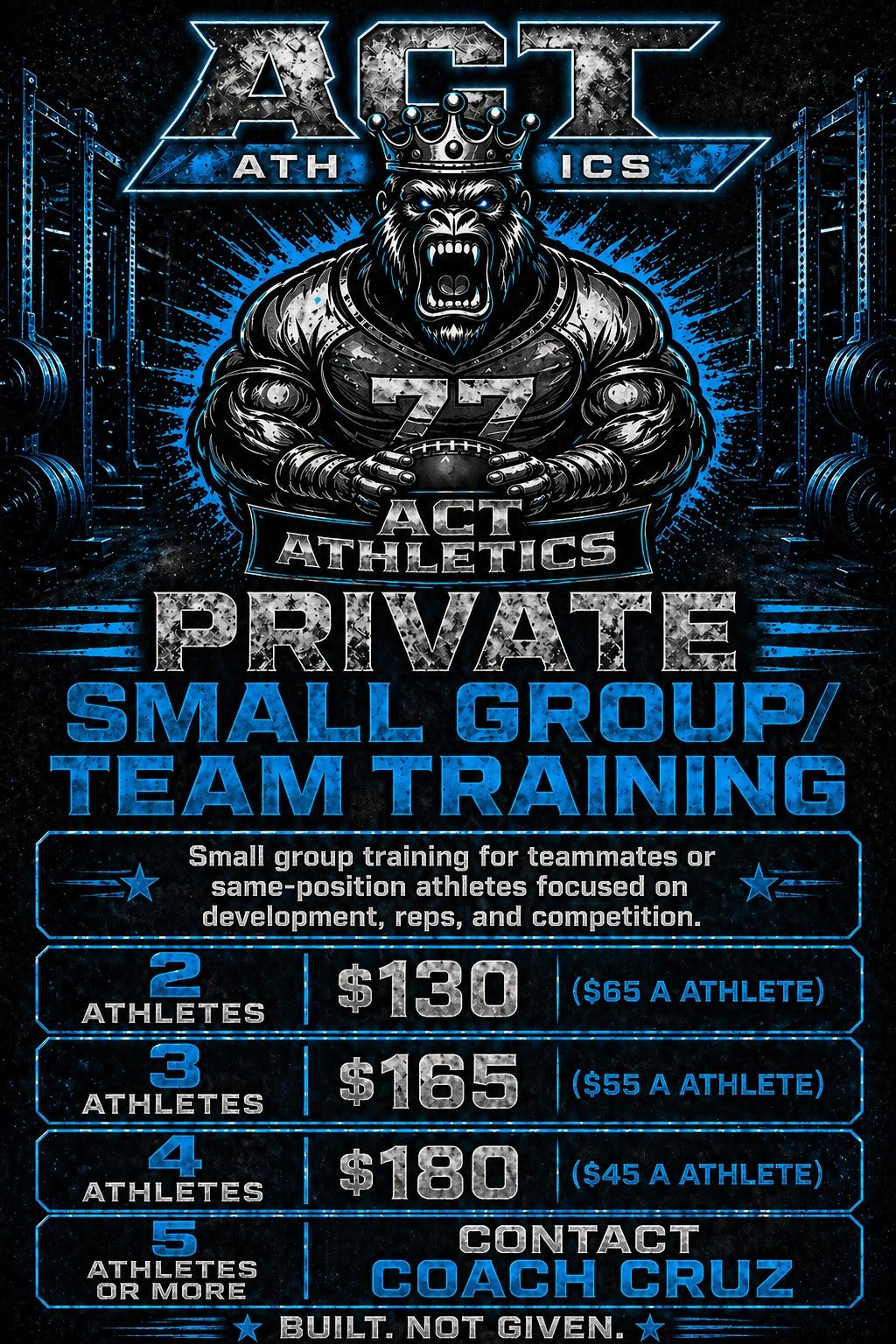 ACT Athletics private small group/team training pricing and contact details.
