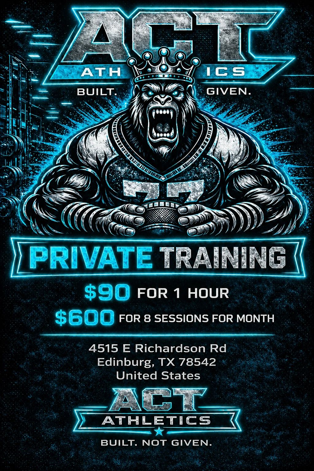 Neon blue gym ad featuring a muscular gorilla with a crown promoting private training sessions.