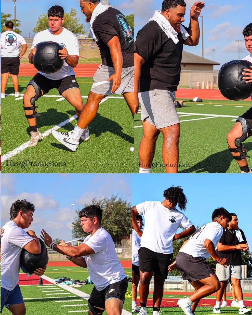 Athletes training with medicine balls and agility drills on a sports field.