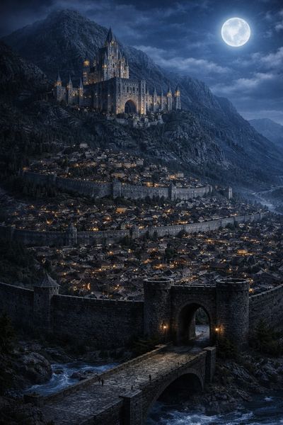 A majestic castle atop a mountain overlooking a walled town under a full moon.