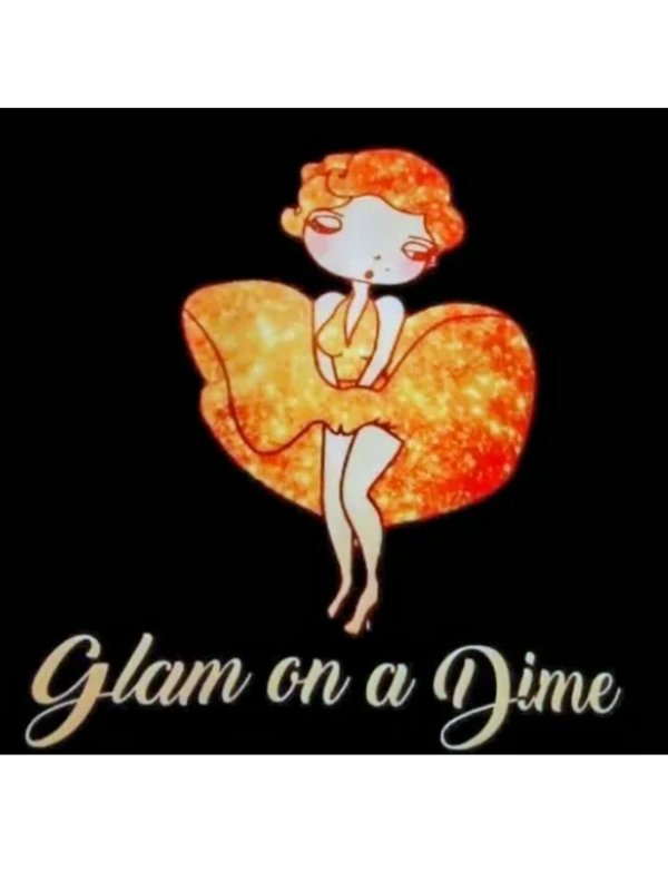 Stylized cartoon woman in a sparkling orange dress with text 'Glam on a Dime'.