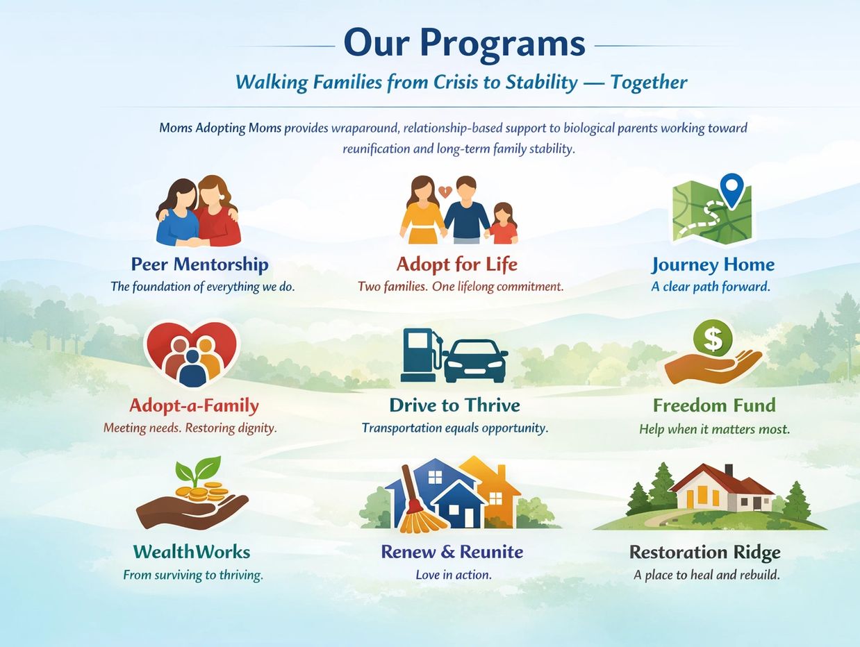 Infographic showcasing family support programs promoting stability and growth.