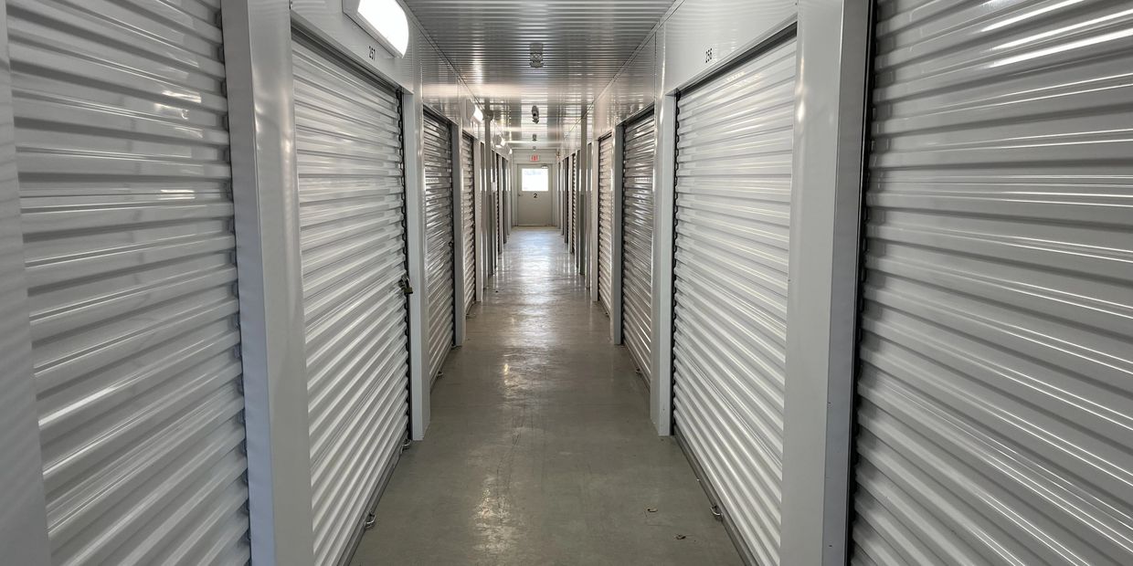A hallway of climate controlled storage units.