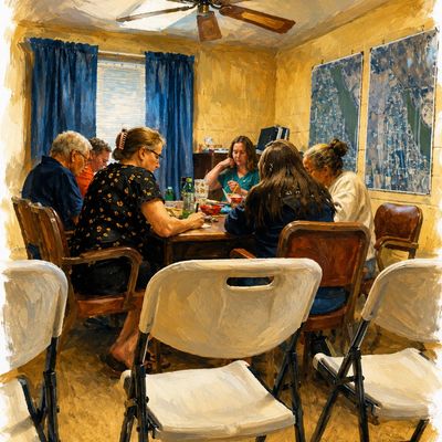 Group meeting around a table in a cozy room.