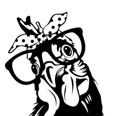 Black and white illustration of a chicken wearing glasses and a polka dot headscarf.