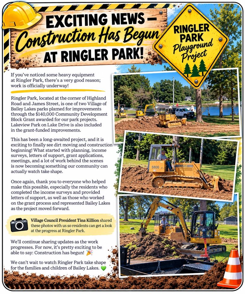 Construction begins at Ringler Park with heavy equipment on site.