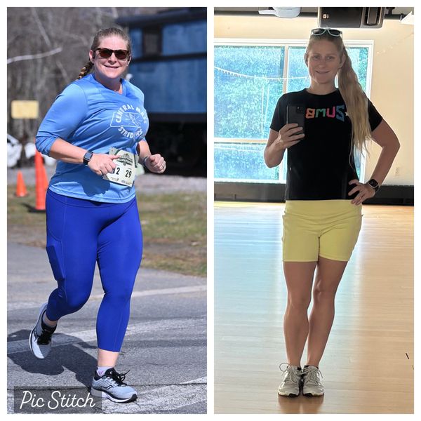 Woman's fitness transformation shown in two photos side by side.
