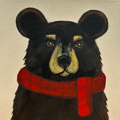 Original black bear painting with red scarf holiday edition