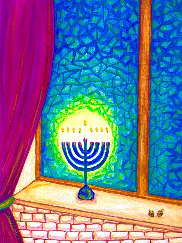 Original Hanukkah menorah painting by Jasmine Shammay
